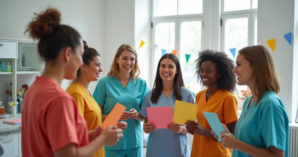 Equipe da clínica odontológica em dinâmica de integração, todos sorrindo em círculo, com cartazes coloridos ao fundo.