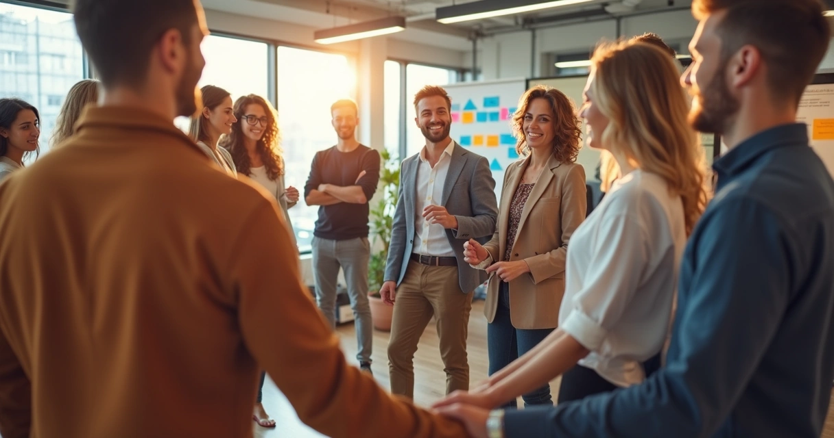Equipe multifuncional em dinâmica de integração, formando círculo e sorrindo 