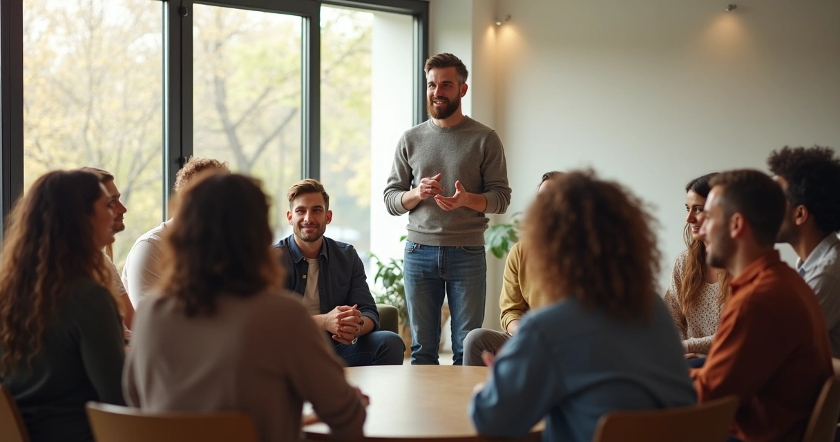 Pessoa em posição de liderança moderando dinâmica de integração com grupo 