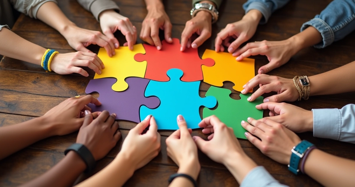 Mãos de várias pessoas tocando peças de quebra-cabeça coloridas, montando juntas uma figura sobre uma mesa