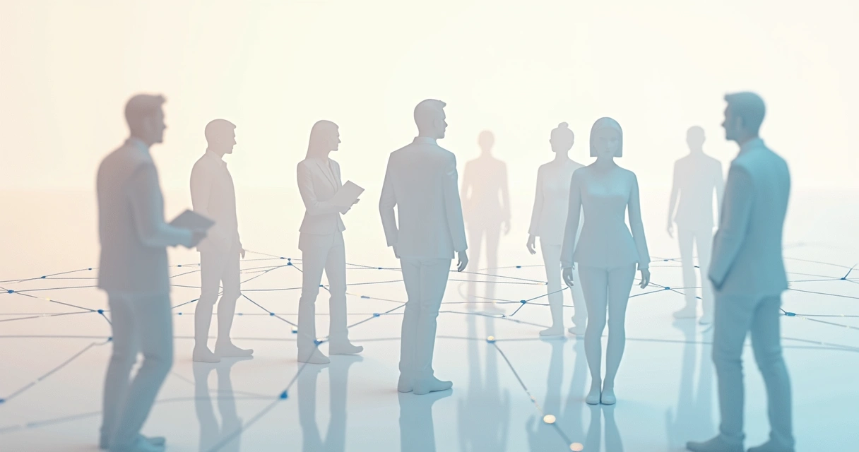 Personas dibujadas con líneas conectadas por lazos invisibles representando dinámicas en un equipo