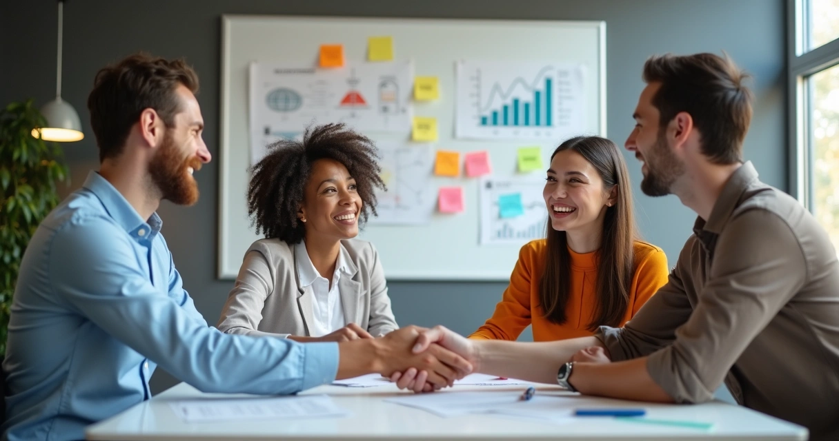Equipo de oficina mostrando dinámica de cambio positivo en el ambiente laboral 