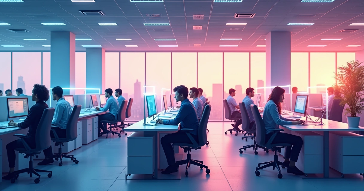 Grupos en una oficina conectados por líneas transparentes representando relaciones invisibles 