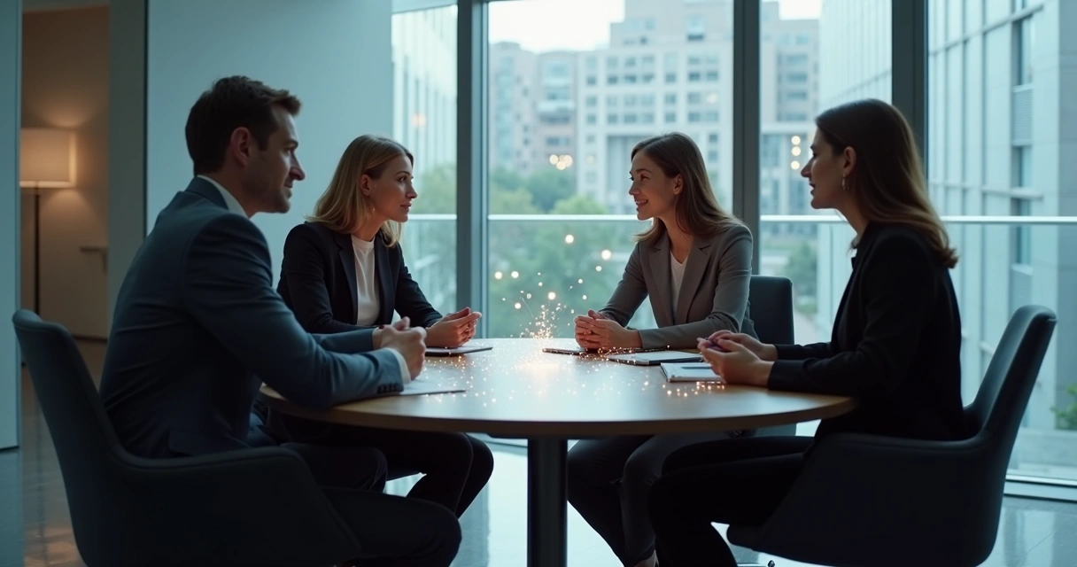 Personas reunidas en mesa de trabajo con expresiones serias, líneas sutiles conectando unos a otros 