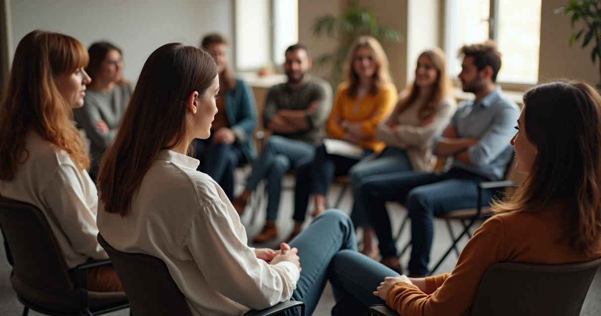 Integrantes de un grupo sentados en círculo, algunos con posturas abiertas y otros cerradas