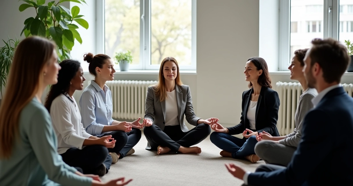 Grupo de empleados sentados en círculo practicando meditación en la oficina 