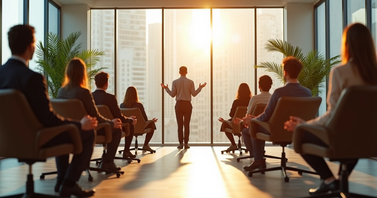 Grupo realizando dinâmica de mindfulness em sala de reunião moderna com luz natural 