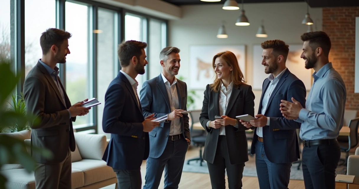 Dinâmica de grupo empresarial, pessoas em pé conversando de forma animada 