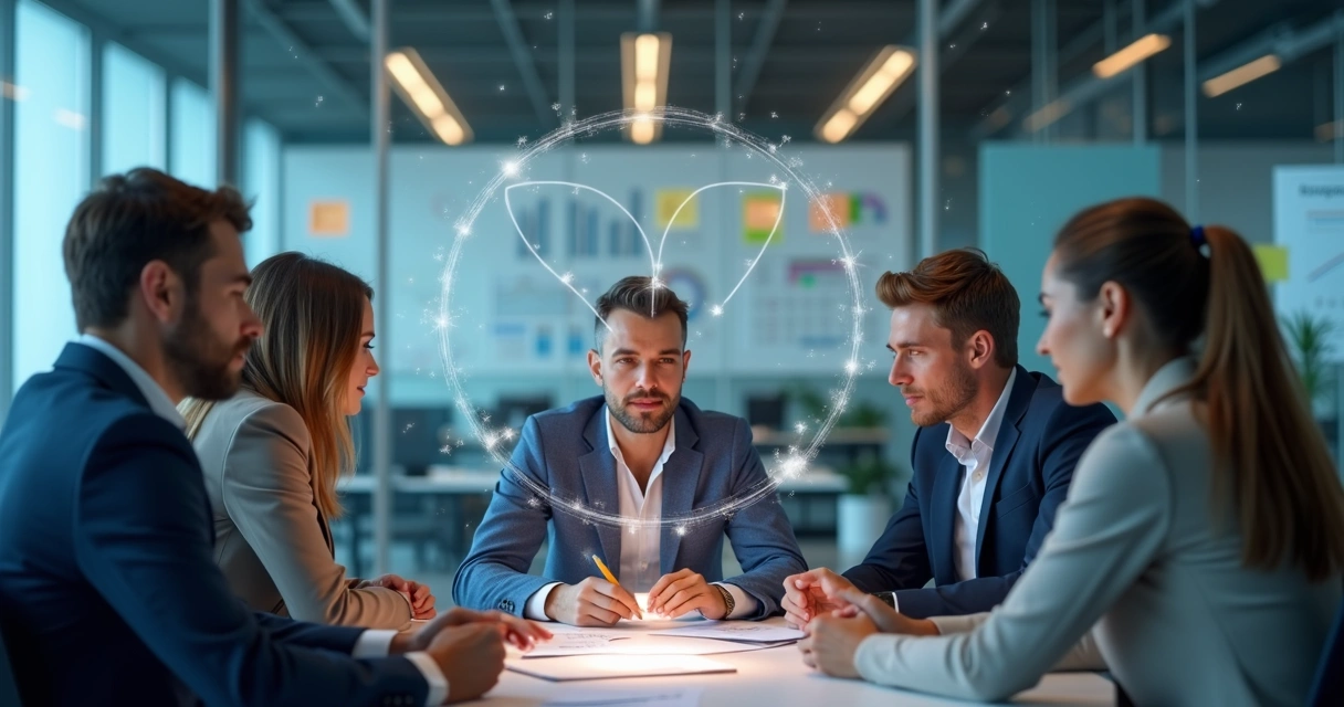 Representação visual de padrões ocultos influenciando equipes em um ambiente empresarial, com elementos gráficos conectando pessoas e setores 