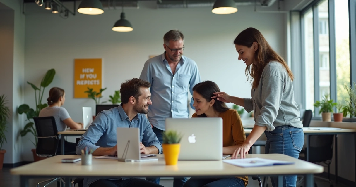 Dinámica de equipo en oficina con personas apoyándose mutuamente 