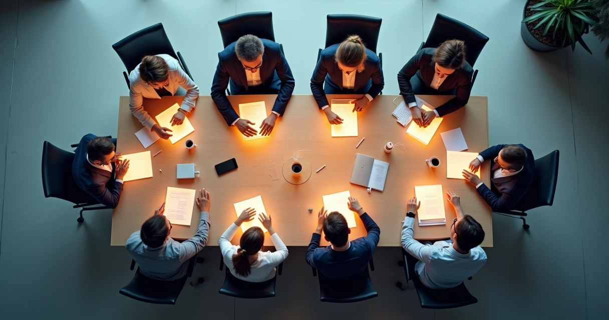 Equipe corporativa em mesa de reunião, cada pessoa interagindo de forma diferente 