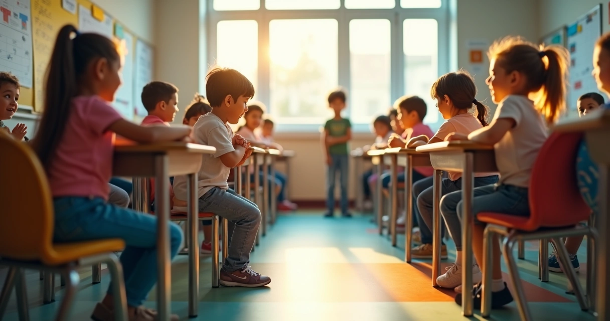 Grupo de crianças na escola interagindo com criança solitária ao fundo