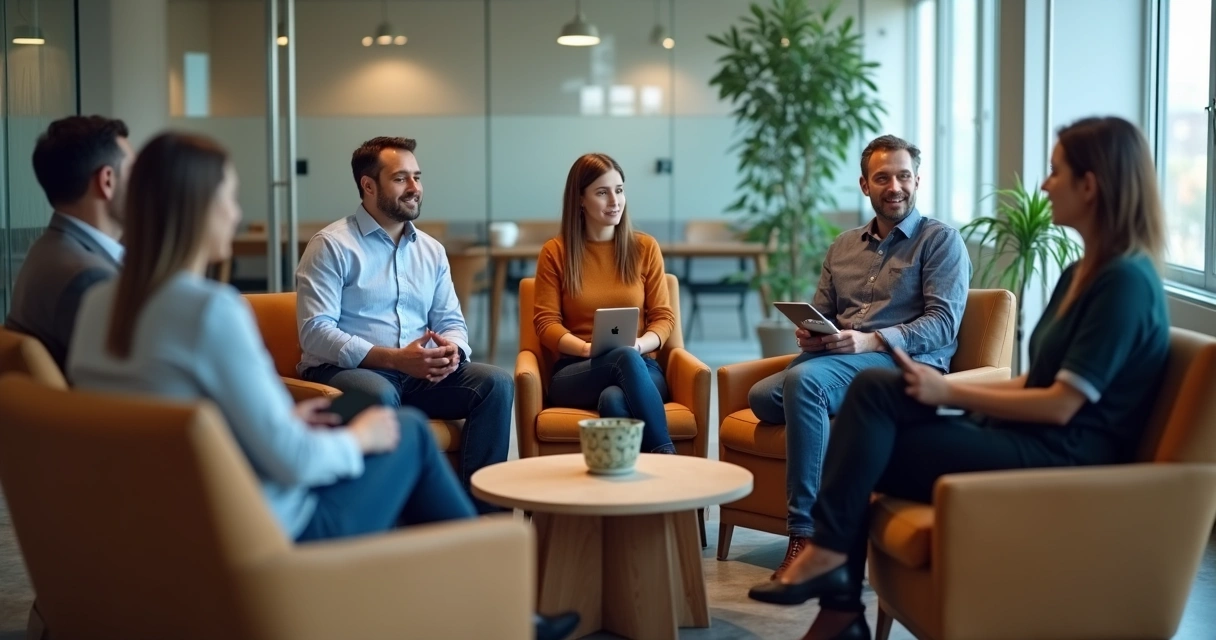 Pessoas em círculo conversando de forma atenta em um ambiente moderno de trabalho 