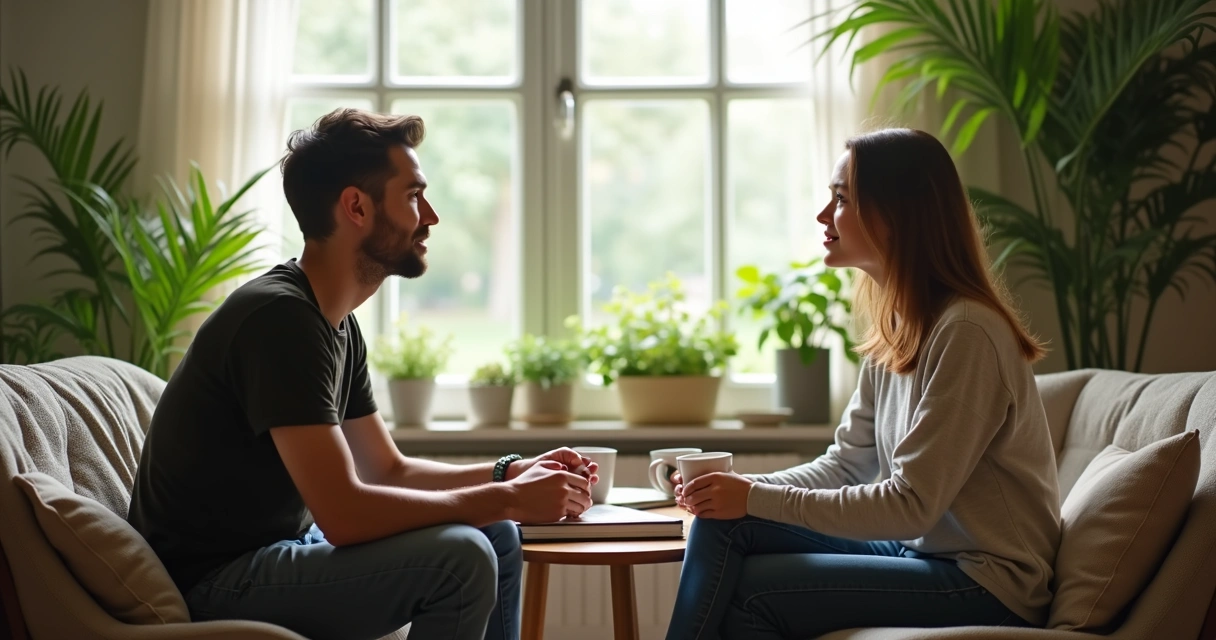 Duas pessoas conversando em uma sala com plantas, mostrando interação tranquila no cotidiano