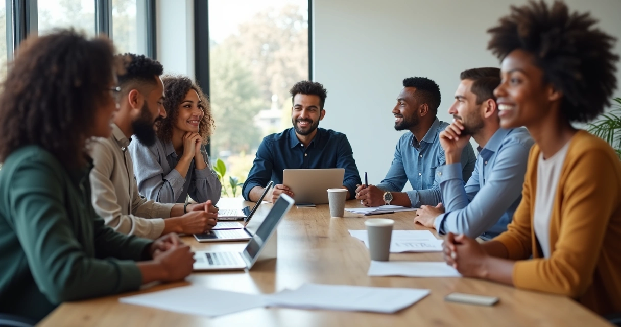 Equipe de trabalho variada em reunião, alguns sorrindo, outros com expressões sérias, em sala moderna 