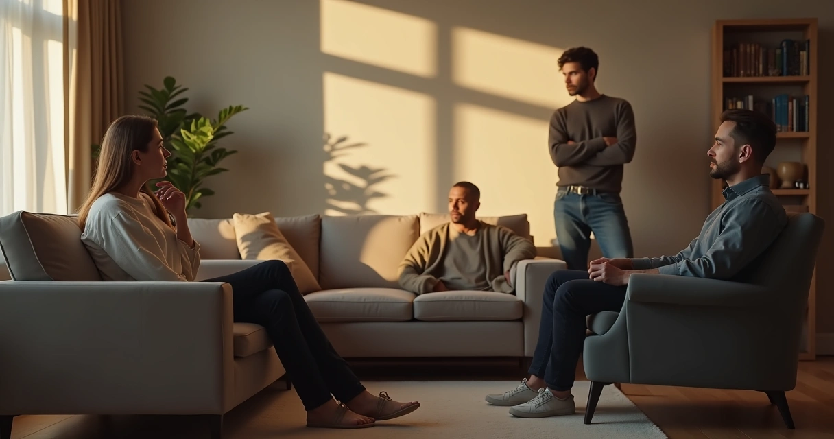 Grupo de pessoas conectadas por sombras simbolizando papéis invisíveis nos relacionamentos 