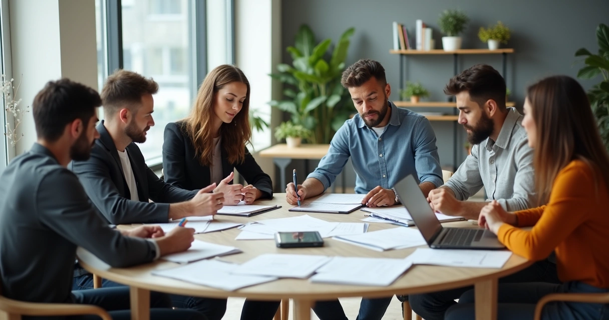 Equipe sentada ao redor de uma mesa, papéis e laptops visíveis, todos olhando atentos para o centro 