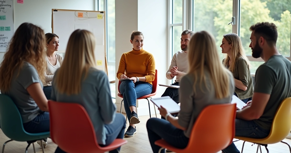 Equipe realizando dinâmica de autoconhecimento em círculo.