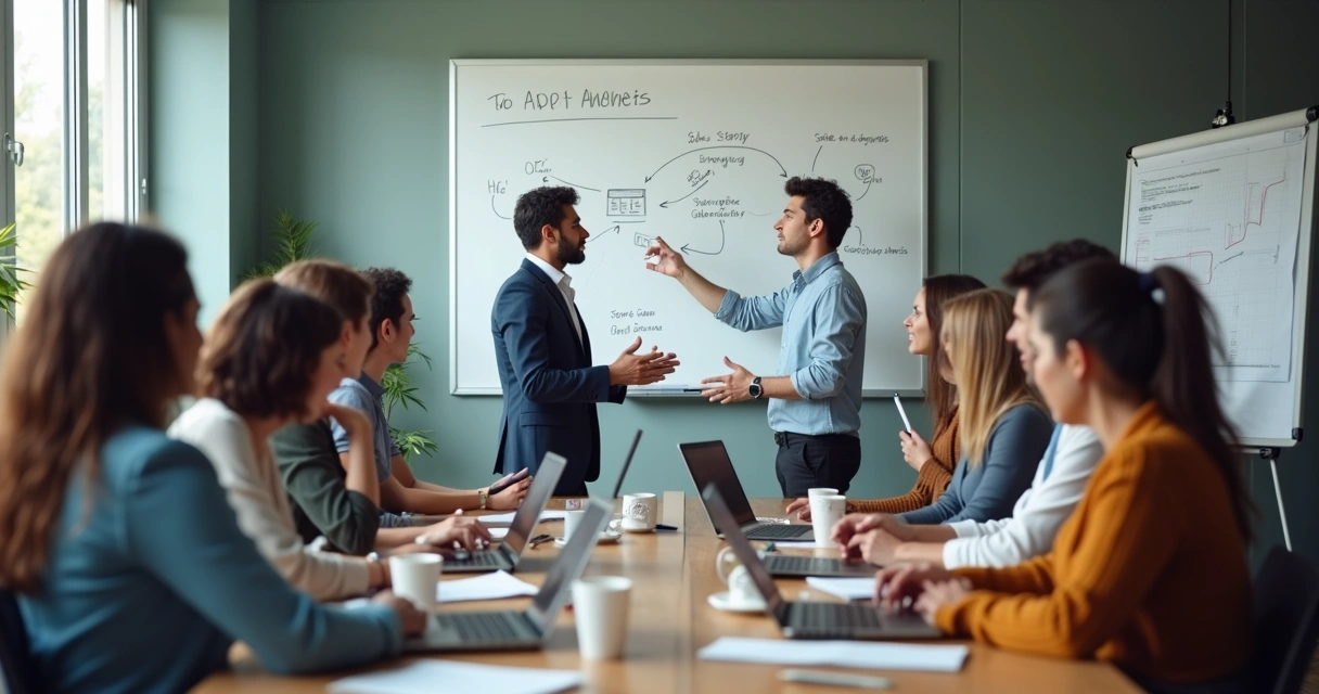 Simulação em grupo de vendas em sala de reunião, todos atentos e participando 