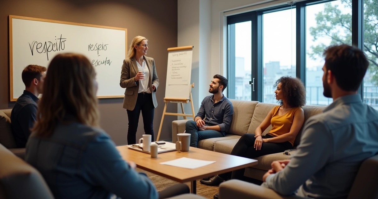 Facilitador guiando dinâmica de escuta em equipe em sala confortável 
