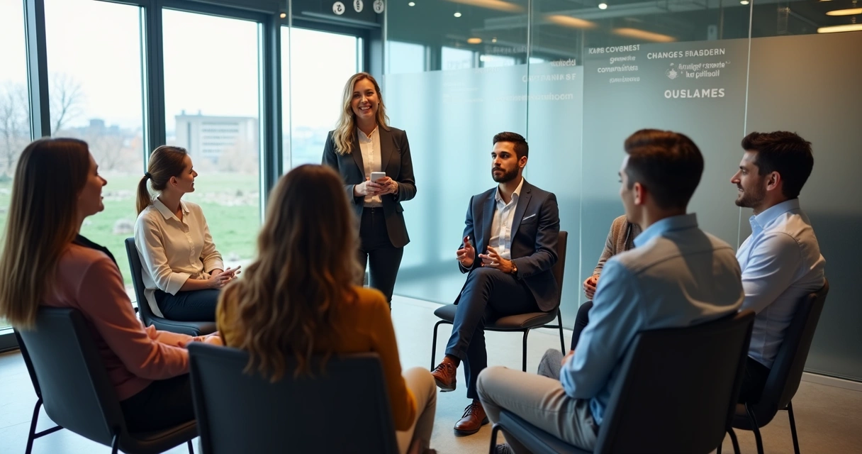 Dinâmica de grupo com candidatos e facilitador em sala de seleção 