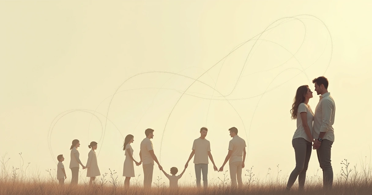 Dibujo esquemático de pareja con líneas conectando figuras familiares 