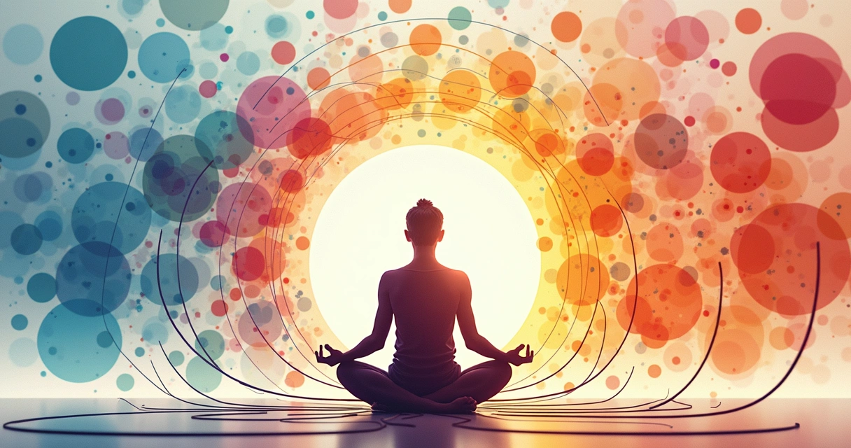 Ilustración de una persona meditando conectada a figuras familiares y organizacionales integradas en círculos interconectados