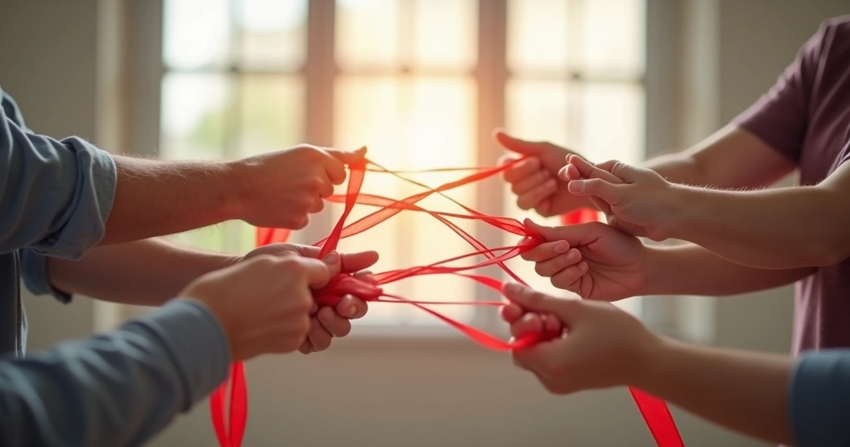 Personas sosteniendo lazos simbólicos que representan vínculos familiares o sociales 