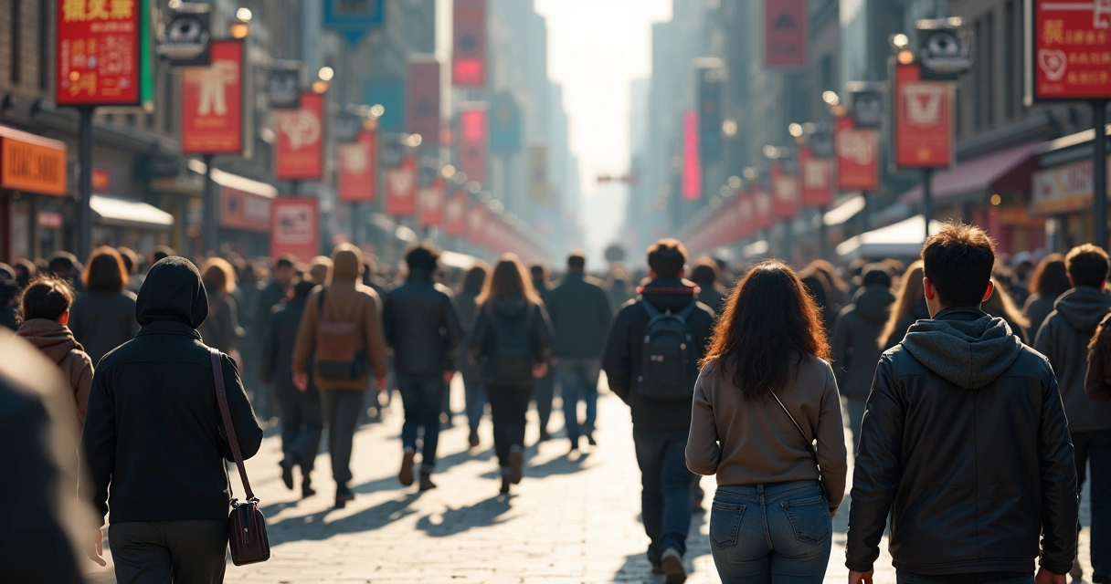 Pessoas caminhando em uma praça movimentada, com pontos de destaque para símbolos culturais e sinais sociais 