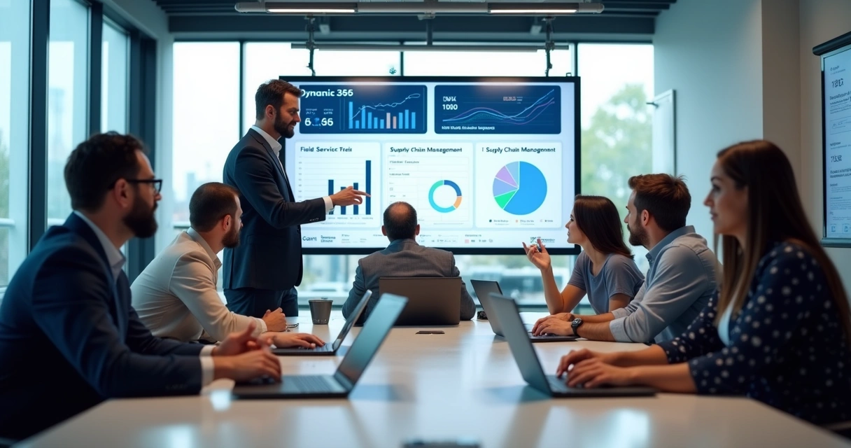 Equipe de TI reunida implantando módulos do Dynamics 365 em vários notebooks 