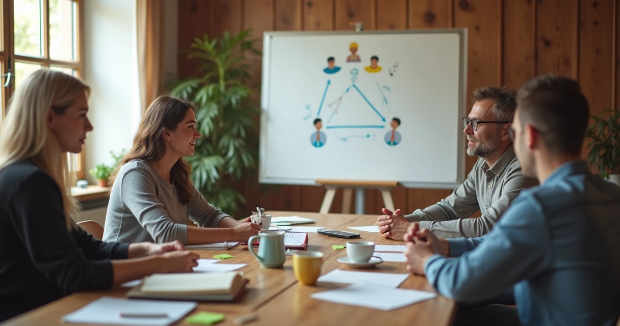 Desenho de três pessoas formando triângulo em quadro branco em reunião de equipe familiar 