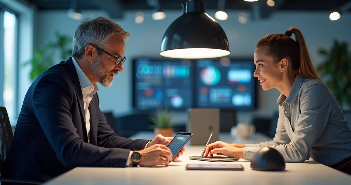 Pessoa mais jovem ensinando tecnologia para pessoa mais velha seguida de um profissional experiente explicando processo a alguém mais novo 