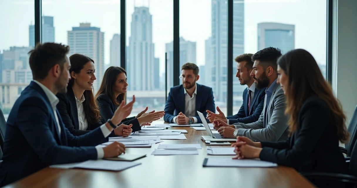 Equipe de trabalho reunida ao redor de uma mesa, discutindo com expressões sérias, retratando dinâmica de grupo 