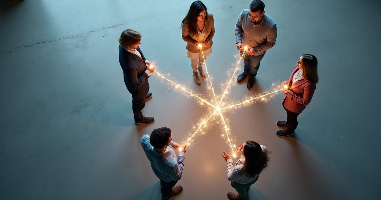 Representação de um grupo de pessoas em pé formando um círculo, com linhas conectando cada pessoa, sugerindo conexões de equipe. 