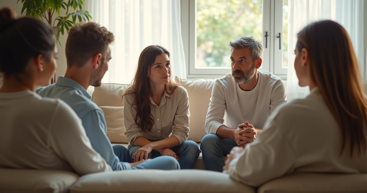 Familia sentada en círculo conversando en una sala iluminada