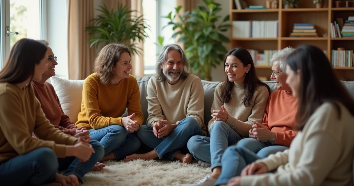 Personas de diferentes edades sentadas formando un círculo, mirándose y conversando, ambiente cálido en sala con luz natural 