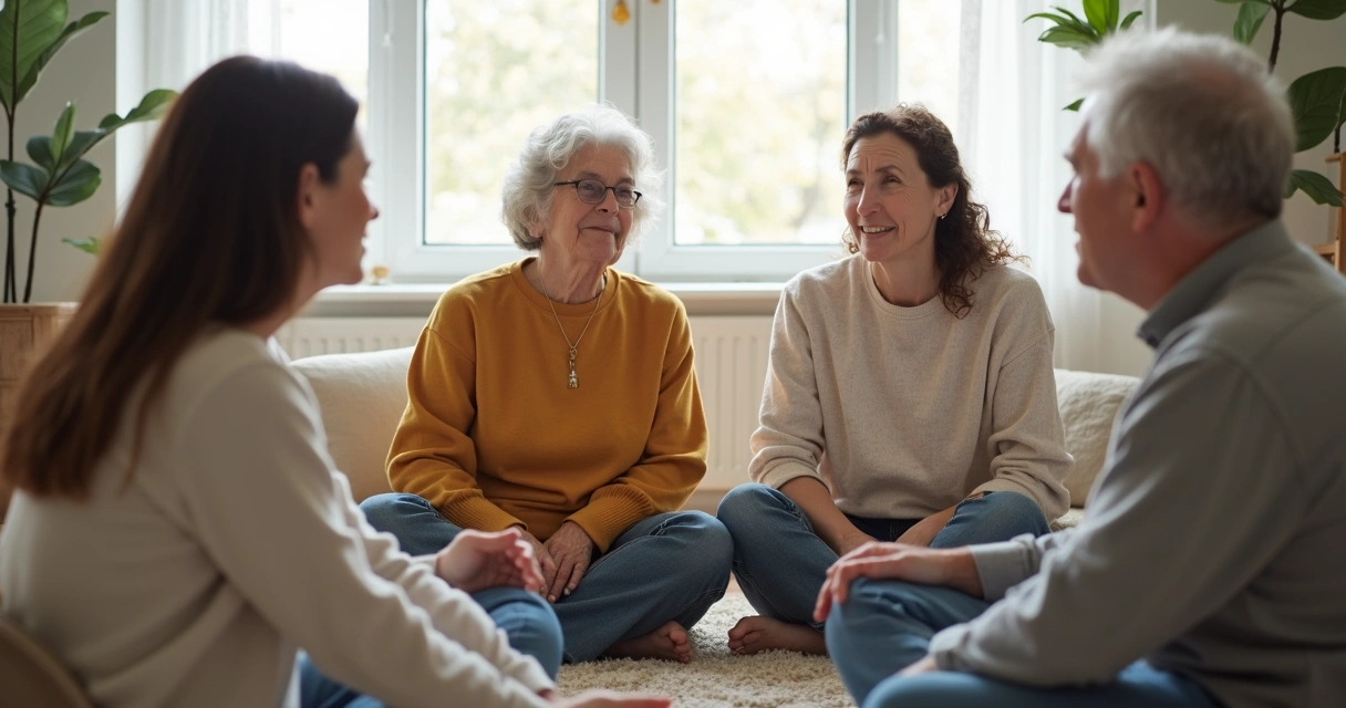 Família sentada em círculo dialogando sobre emoções. 