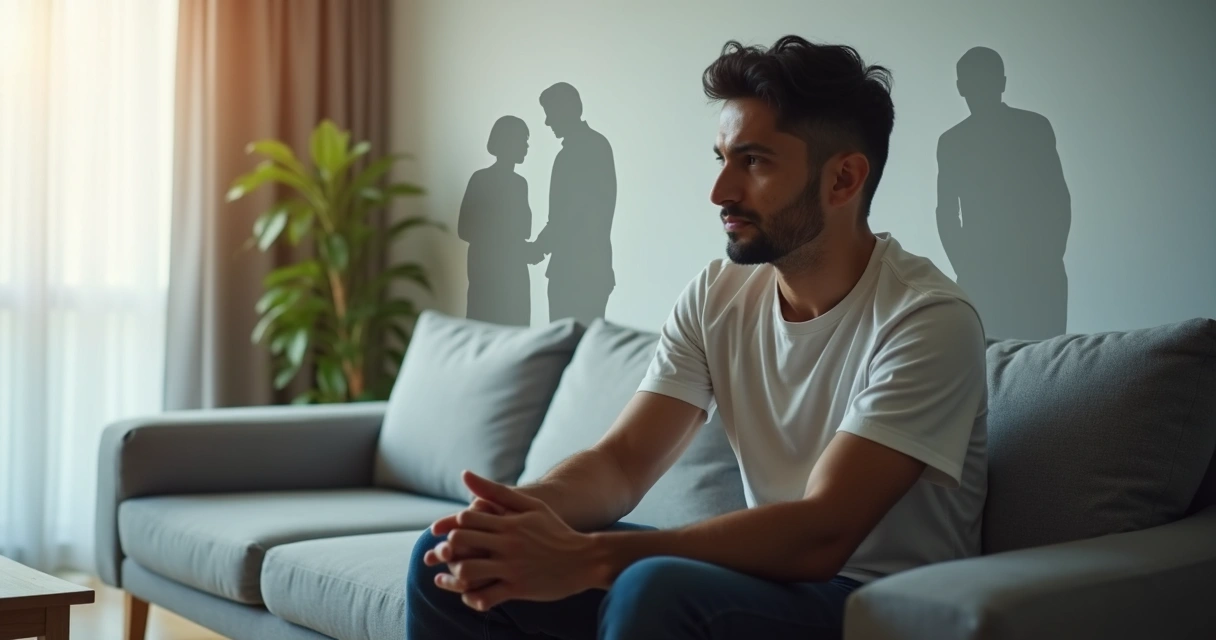 Adulto pensativo rodeado de siluetas familiares borrosas 