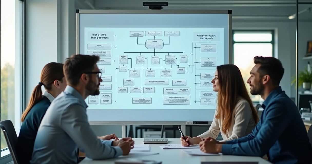 Três pessoas reunidas em ambiente de trabalho discutindo diante de quadros representando conexões familiares