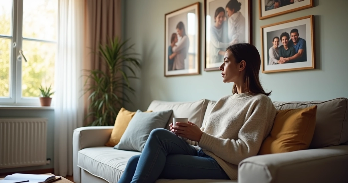 Adulto refletindo em sala de estar com lembranças da família ao fundo 