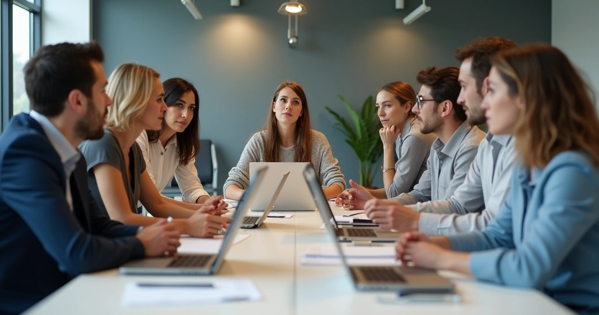 Equipo de trabajo reunido alrededor de una mesa, analizando expresiones faciales y lenguaje corporal 
