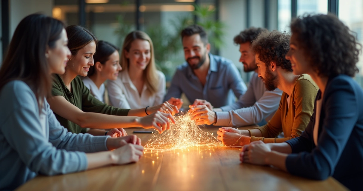 Personas reunidas alrededor de una mesa, hilos sutiles conectando entre sí sobre un fondo difuminado 