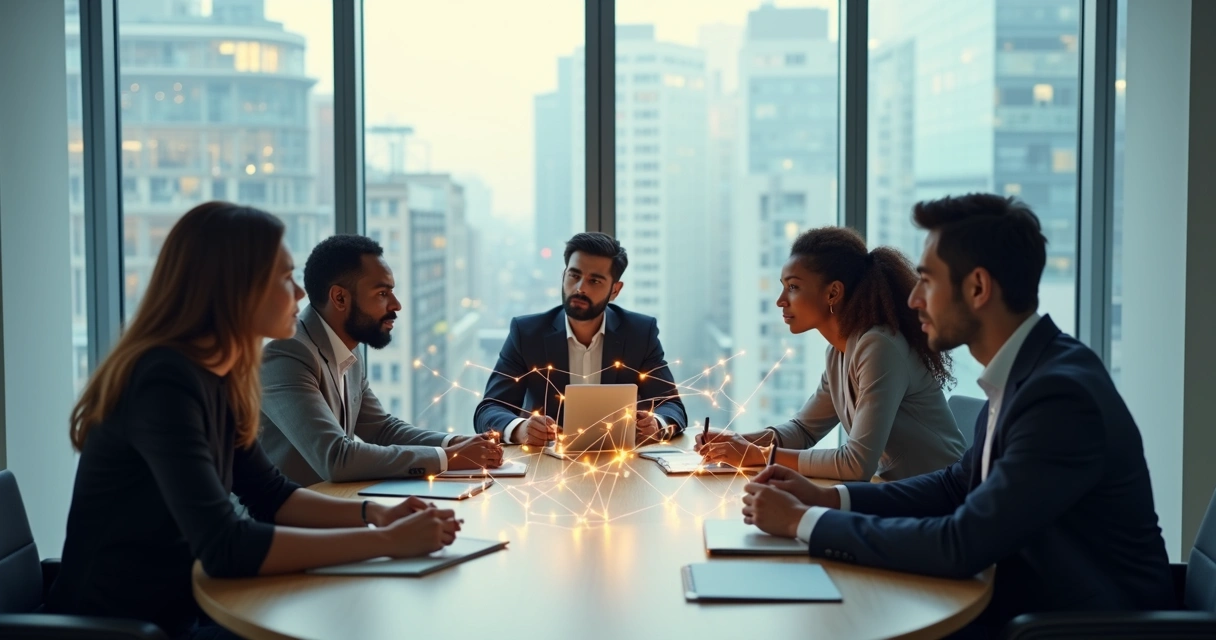 Equipo de trabajo conectado por líneas de energía representando dinámicas invisibles 