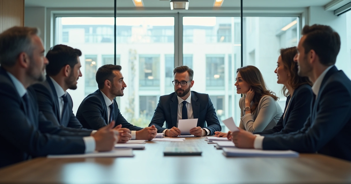 Personas reunidas en mesa de oficina, algunas compartiendo miradas cómplices 