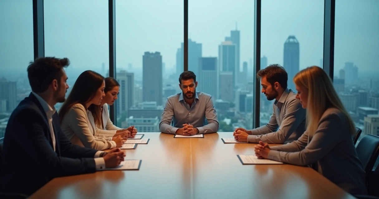 Personas en una reunión con hilos de sombra que muestran dinámicas de poder ocultas 