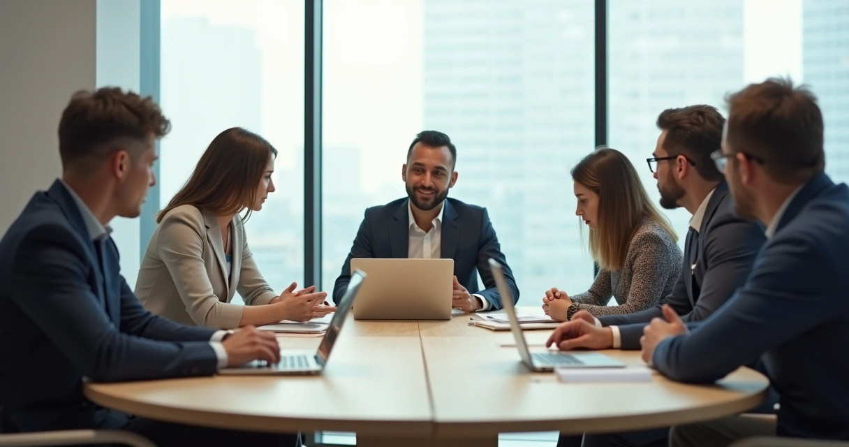 Equipo de trabajo en círculo con una figura dominando sutilmente la reunión 