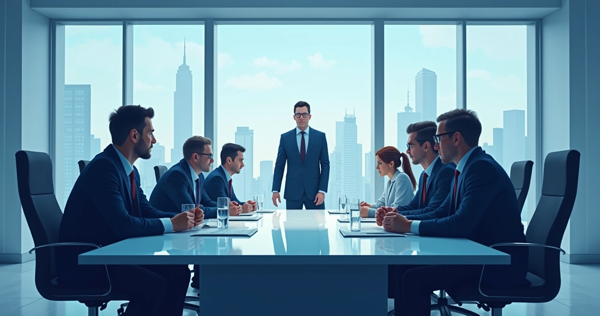 Ilustração de reunião com chefia e equipe em lados opostos da mesa 