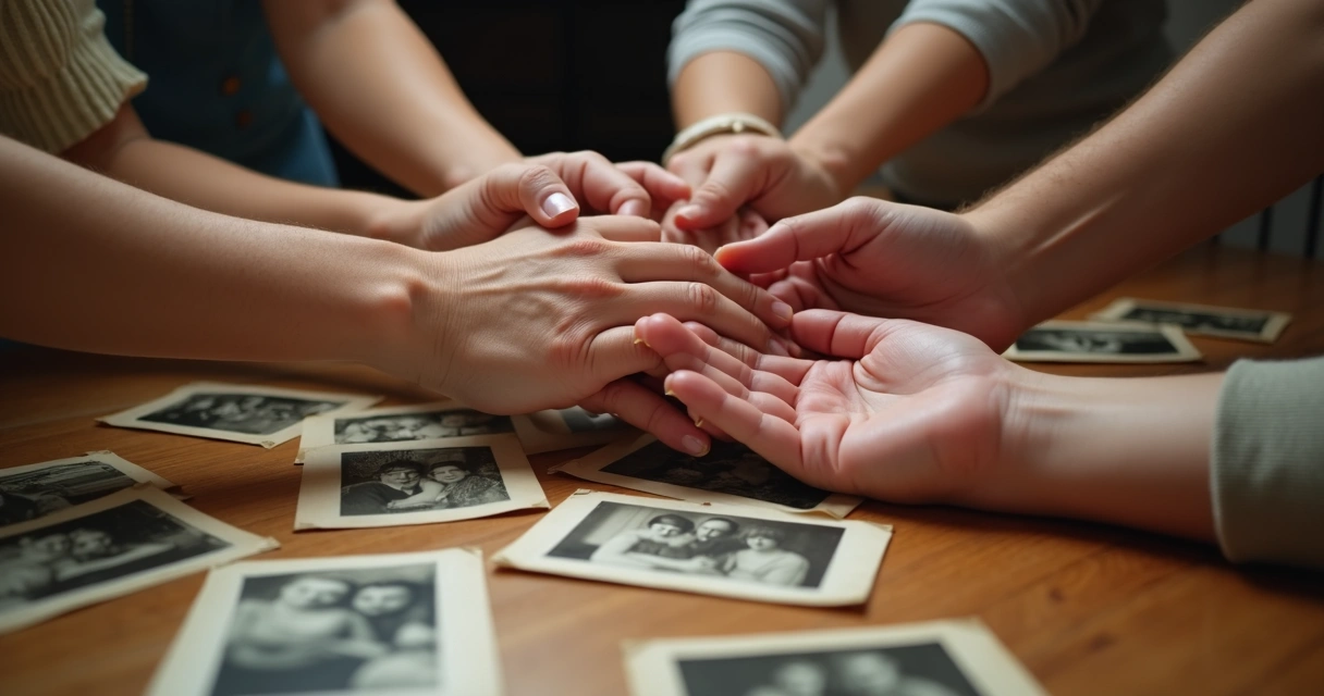Manos de distintas personas entrelazadas y fotos antiguas en una mesa 