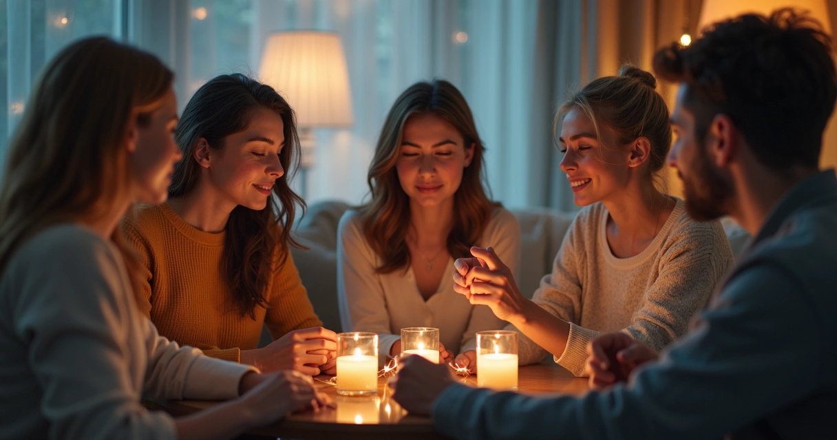 Personas conectadas por líneas invisibles en una escena social 