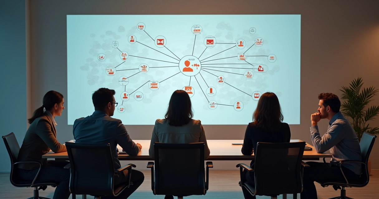 Equipe reunida em torno de uma mesa com diagramas mostrando conexões familiares e organizacionais ao fundo 